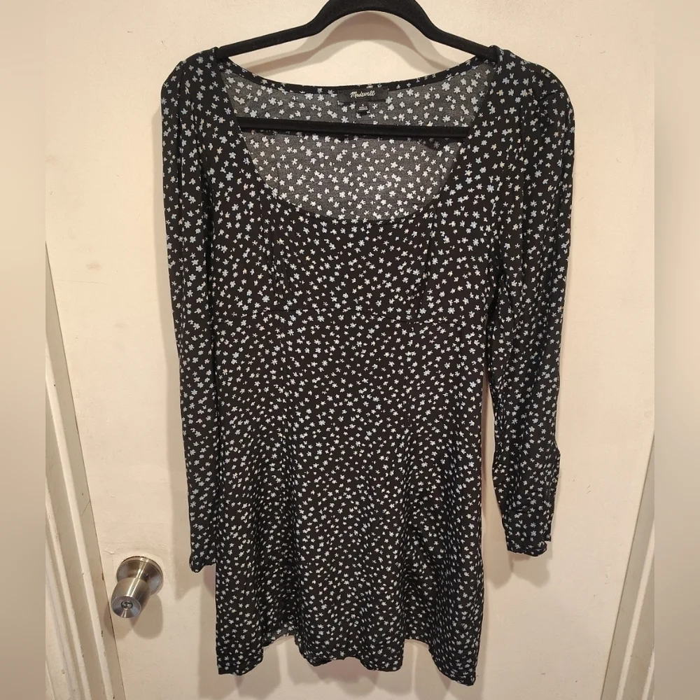 Madewell Women's Black Ditsy Floral Seamed Mini Dress 6 Square Neck Retro Party